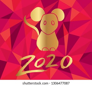 Gold 2020 New Year with Rat Animal and Red Polygon Background. Vector Illustration for Graphic Design, Card, and Poster.
