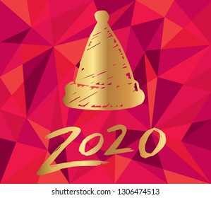 Gold 2020 New Year with Santa Hat and Red Polygon Background. Vector Illustration for Graphic Design, Card, and Poster.