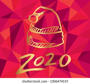 Gold 2020 New Year with Santa Hat and Red Polygon Background. Vector Illustration for Graphic Design, Card, and Poster.