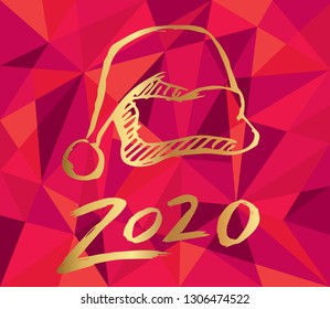 Gold 2020 New Year with Santa Hat and Red Polygon Background. Vector Illustration for Graphic Design, Card, and Poster.