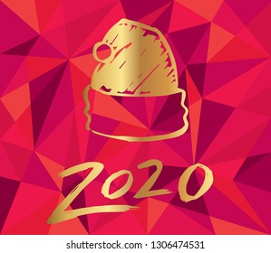 Gold 2020 New Year with Santa Hat and Red Polygon Background. Vector Illustration for Graphic Design, Card, and Poster.