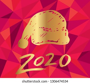 Gold 2020 New Year with Santa Hat and Red Polygon Background. Vector Illustration for Graphic Design, Card, and Poster.