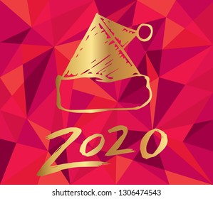 Gold 2020 New Year with Santa Hat and Red Polygon Background. Vector Illustration for Graphic Design, Card, and Poster.