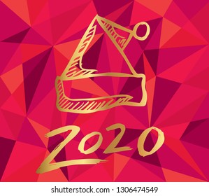 Gold 2020 New Year with Santa Hat and Red Polygon Background. Vector Illustration for Graphic Design, Card, and Poster.