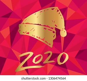 Gold 2020 New Year with Santa Hat and Red Polygon Background. Vector Illustration for Graphic Design, Card, and Poster.