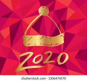 Gold 2020 New Year with Santa Hat and Red Polygon Background. Vector Illustration for Graphic Design, Card, and Poster.