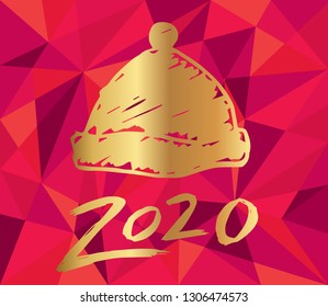 Gold 2020 New Year with Santa Hat and Red Polygon Background. Vector Illustration for Graphic Design, Card, and Poster.