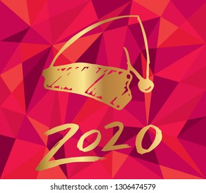 Gold 2020 New Year with Santa Hat and Red Polygon Background. Vector Illustration for Graphic Design, Card, and Poster.