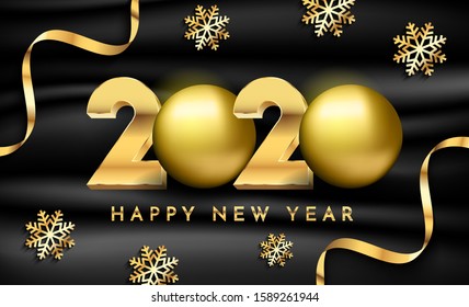 Gold 2020 numbers with gold snowflakes, ribbon and 3d ball isolated on black satin texture . Happy New Year