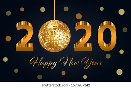 Gold 2020 vector Happy New Year and Merry Christmas greeting card with disco ball and bokeh effect.

