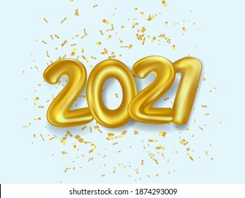 gold 2021 balloon lettering with gold confetti on blue background. concept for 2021 christmas and new year party template in vector illustration  - Shutterstock ID 1874293009
