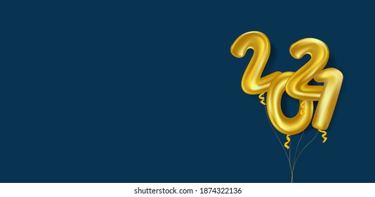 gold 2021 balloon lettering on panorama blue background. concept for 2021 christmas and new year party template in vector illustration 