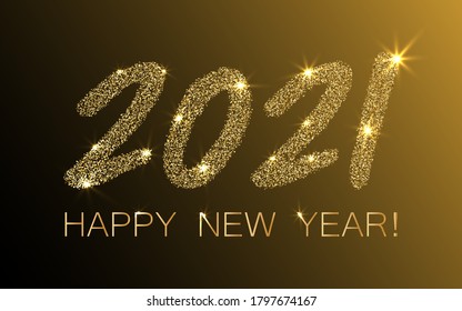 Gold 2021 Happy New Year vector banner. Confetti particles font calligraphy. Happy New Year wishes, 2021 of confetti elements. Luxurious banner.