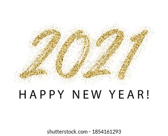 Gold 2021 Happy New Year vector greeting card. Confetti particles number lettering. Happy New Year wishes, 2021 of confetti scatter. Premium banner.