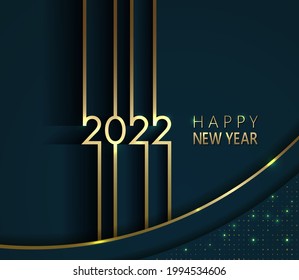 Gold 2022 Happy New Year card with premium foil gradient texture lines, dark background. Festive rich design for holiday card, invitation, calendar poster. Happy 2022 New Year gold text on dark blue.