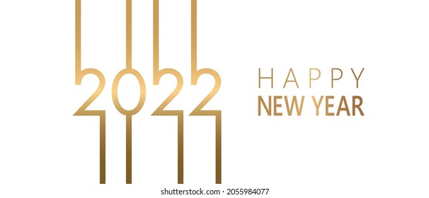 Gold 2022 Happy New Year card with premium foil gradient texture lines, white background. Festive rich design for holiday card, invitation, calendar poster. Happy 2022 New Year gold text on white.