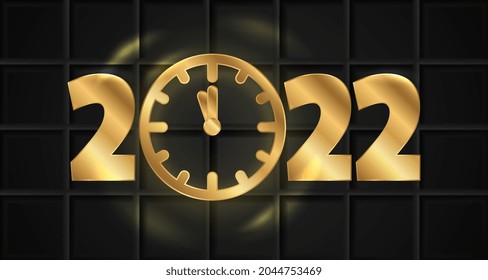 Gold 2022 Numbers with Clock. New Year Golden Concept, Newyear Design, 2022 Exclusive Vector Illustration on Black Background
