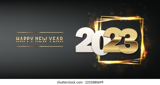 gold 2023 with glowy frame. Vector illustration Merry Christmas and happy new year background. Holiday greeting banner, flyer and card.