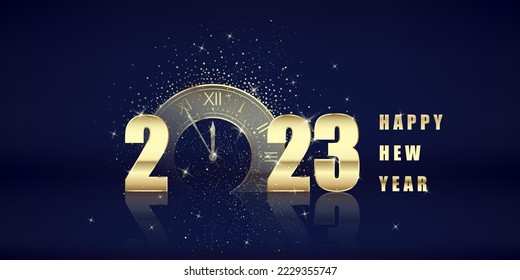 Gold 2023 numbers. Happy New Year Greeting Card. Golden clock with five minutes countdown to holiday midnight. Vector illustration