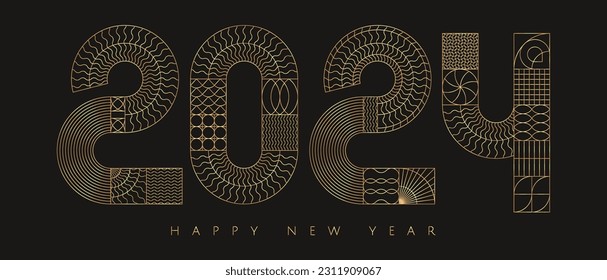 Oro 2024. Tarjeta de año nuevo con geometría abstracta de lujo dorada. Obra de arte geométrica de la deco. Diseño minimalista moderno. Triángulo de Bauhaus y formas cuadradas. Líneas de arte. Lujo de fondo. Plantilla de vectores.