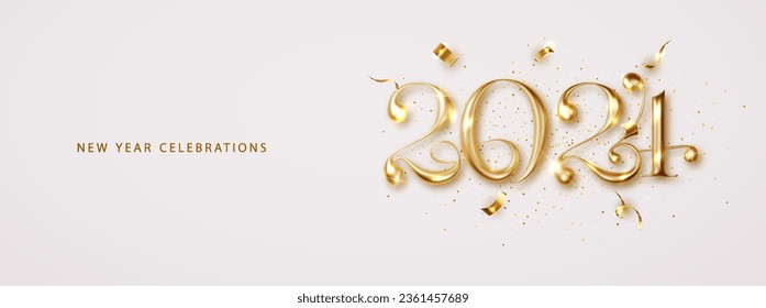 Gold 2024 Happy New Year elegant long banner with falling confetti on bright background. 2024 Golden 3d numbe, elegant Christmas design