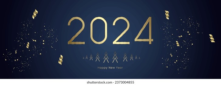 gold 2024 number with ribbons on dark gradient blue background, Greeting Card concept vector, illustion. and A Banner of 2024 Happy New Year With gold ribbons