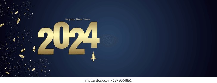 gold 2024 number with ribbons on dark gradient blue background. and Happy New Year 2024 sign and banner concept design