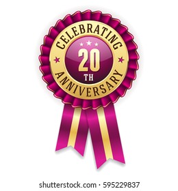 Gold 20th anniversary badge / rosette with purple ribbon on white background