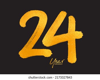 Gold 24 Years Anniversary Celebration Vector Template, 24 Years  logo design, 24th birthday, Gold Lettering Numbers brush drawing hand drawn sketch, number logo design vector illustration