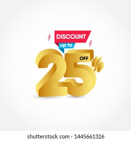 gold 25% 3d discount vector template. Design for advertising, greeting card, banner or print.