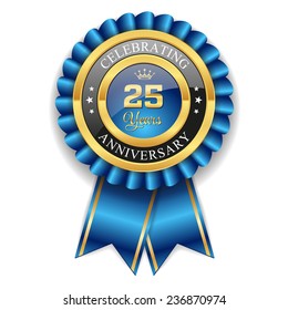 Gold 25 Years Anniversary Badge With Blue Ribbon On White Background