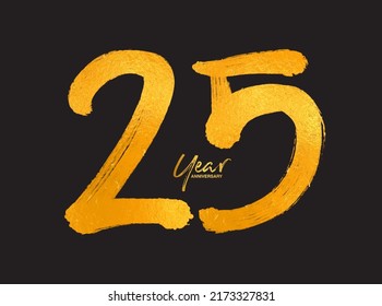 Gold 25 Years Anniversary Celebration Vector Template, 25 Years  logo design, 25th birthday, Gold Lettering Numbers brush drawing hand drawn sketch, number logo design vector illustration