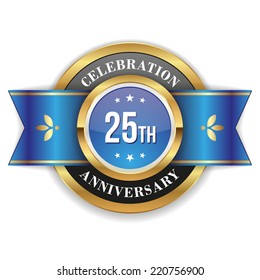 Gold 25th anniversary badge with blue ribbon on white background