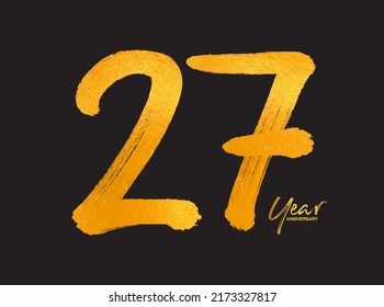 Gold 27 Years Anniversary Celebration Vector Template, 27 Years  logo design, 27th birthday, Gold Lettering Numbers brush drawing hand drawn sketch, number logo design vector illustration