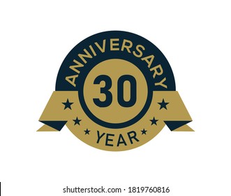 Gold 30 Years Anniversary Badge With Banner Image, Anniversary Logo With Golden Isolated On White Background