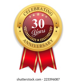 Gold 30 years anniversary badge with red ribbon on white background