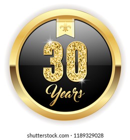 Gold 30 years, anniversary button with gold letters
