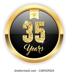 Gold 35 years, anniversary button with gold letters