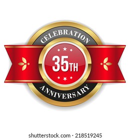 Gold 35th anniversary badge with red ribbon on white background