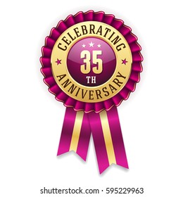 Gold 35th anniversary badge / rosette with purple ribbon on white background