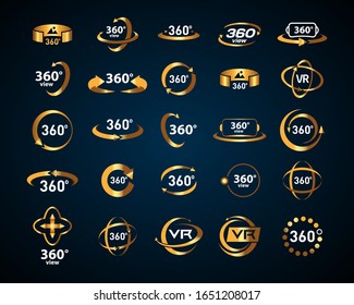 Gold 360 Degrees View Vector Icons set on black background. Virtual reality icons. Isolated vector illustrations. Golden Color version.