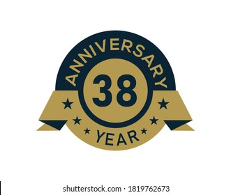 Gold 38 years anniversary badge with banner image, Anniversary logo with golden isolated on white background