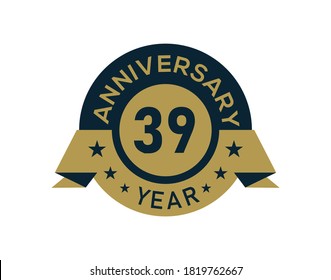 Gold 39 years anniversary badge with banner image, Anniversary logo with golden isolated on white background