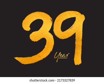 Gold 39 Years Anniversary Celebration Vector Template, 39 Years  logo design, 39th birthday, Gold Lettering Numbers brush drawing hand drawn sketch, number logo design vector illustration