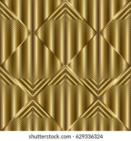 Gold 3d abstract dotted halftone effect seamless pattern background. Vector carbon fiber texture illustration. Technology vector template. Geometric grunge rhombus, shapes, figures.