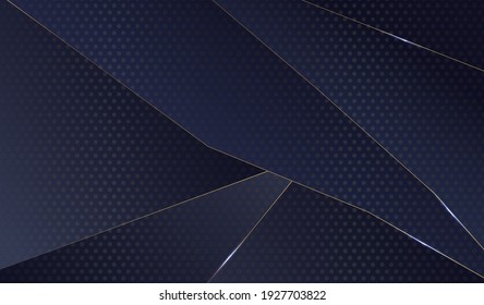 Resumen de patrón poligonal con puntos pequeños. Lujoso azul marino con dorado y bordes.