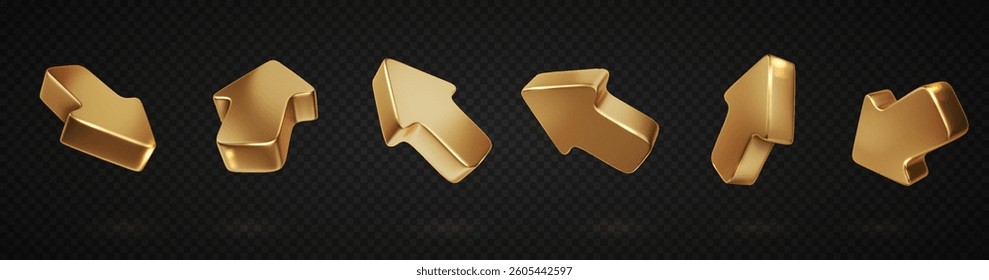 Gold 3d arrow set isolated. Realistic click cursor icon. Mouse arrows pointing in different directions.