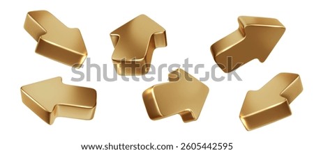 Gold 3d arrows pointing in different directions. Golden arrow cursors set isolated. Realistic 3d vector