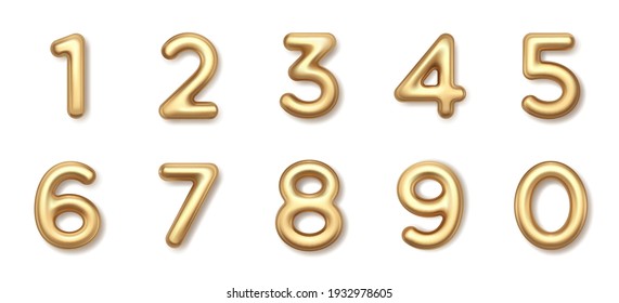 Gold 3d balloons numbers vector icon. Luxury metallic math typeface with shiny bright highlights. Precious metal for elegant decoration in marketing jewel design and business presentations.