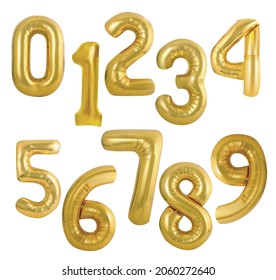 Gold 3d balloons numbers vector icon. Luxury metallic math typeface with shiny bright highlights. Precious metal for elegant decoration in marketing jewel design and business presentations.